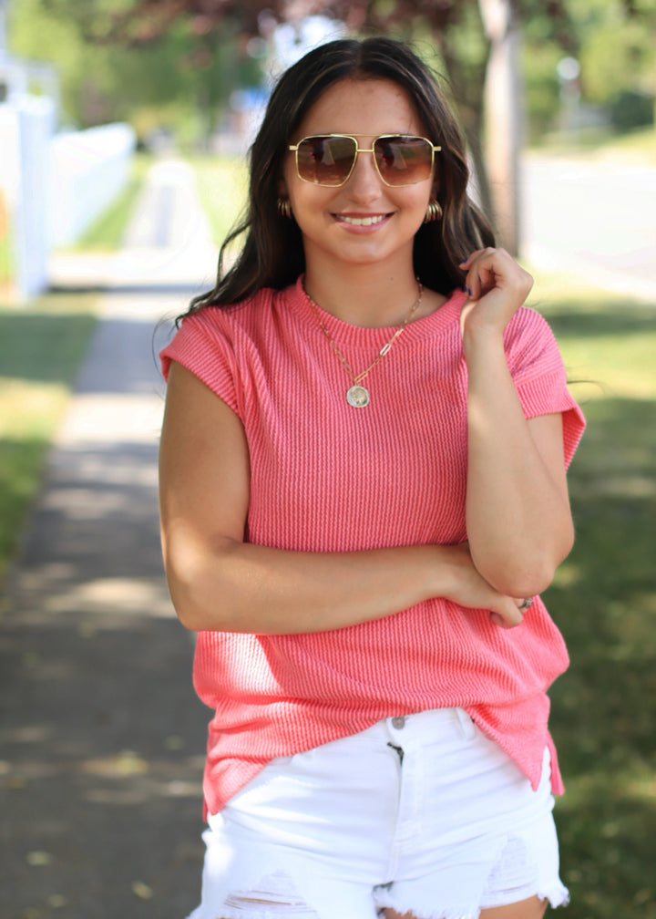 Ana Sleeveless Solid Ribbed Top in Coral