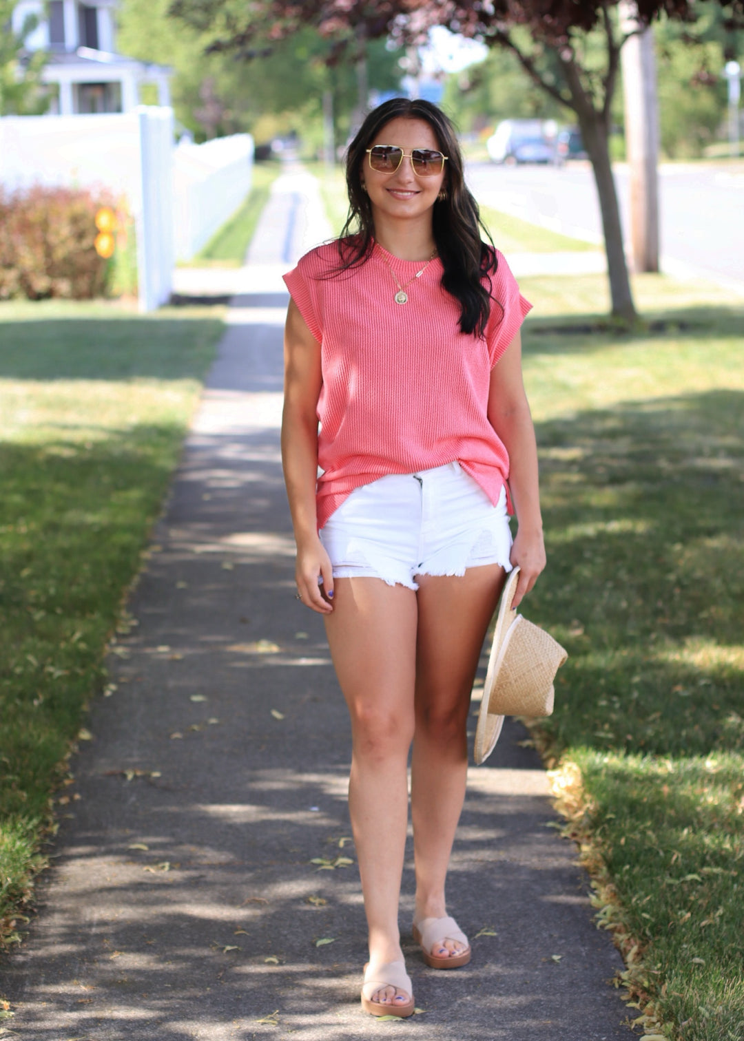 Ana Sleeveless Solid Ribbed Top in Coral