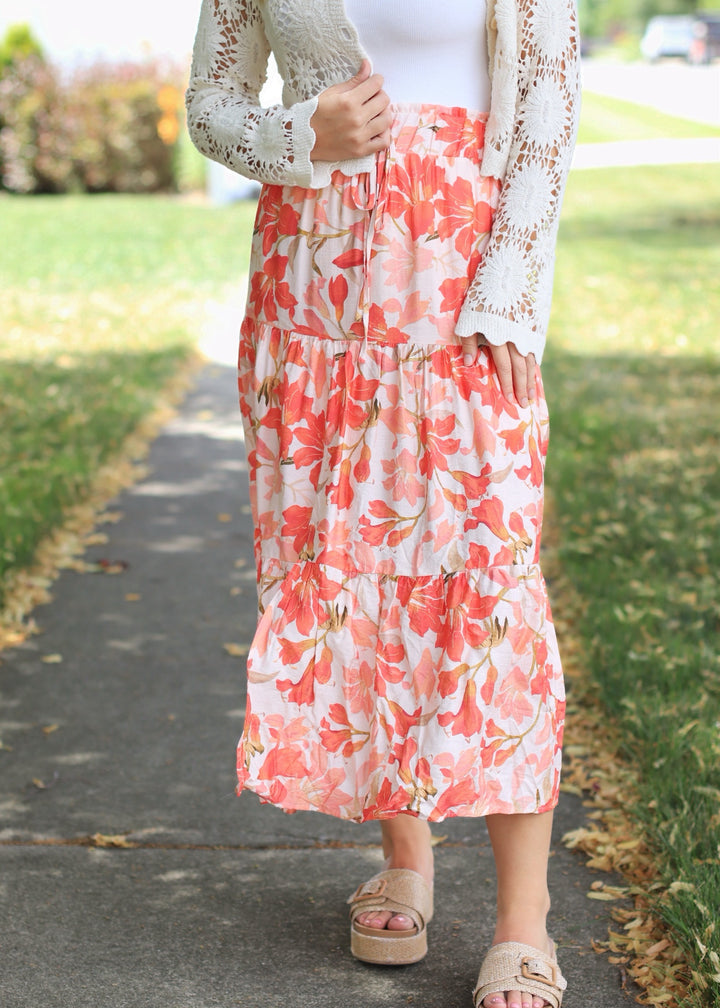 CLEARANCE FINAL SALE Coral Combo Woven Print Boho Skirt