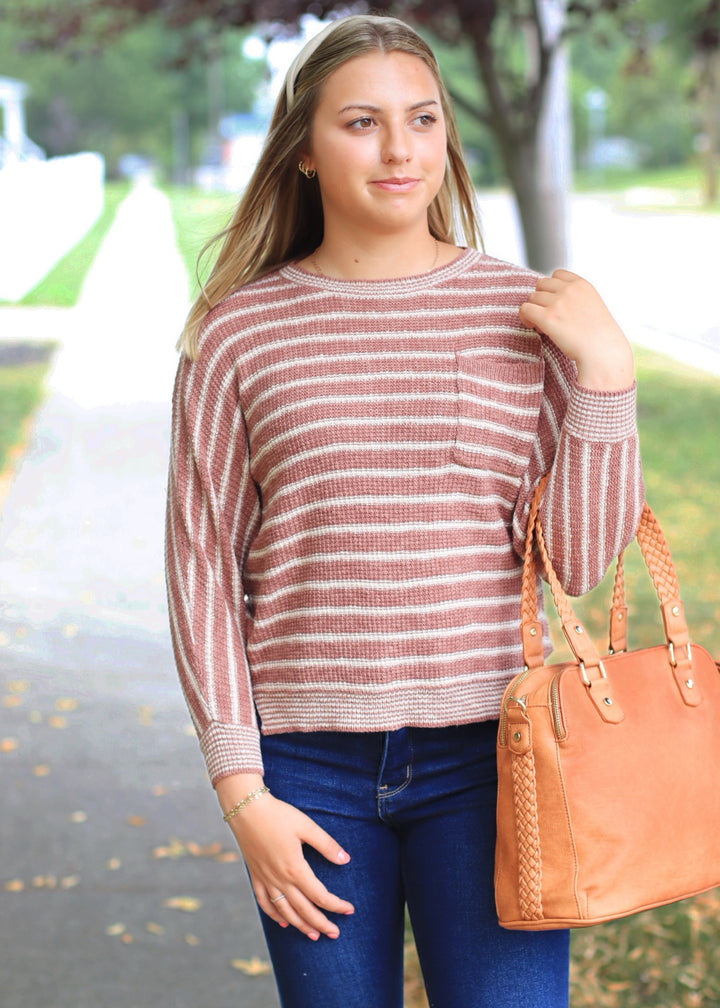 CLEARANCE FINAL SALE Terracotta Striped Waffle Sweater Top