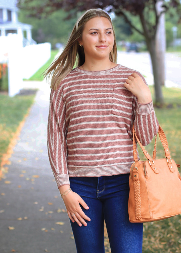 CLEARANCE FINAL SALE Terracotta Striped Waffle Sweater Top