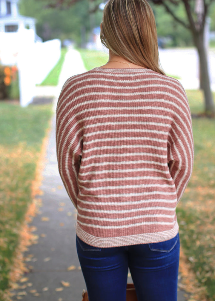 CLEARANCE FINAL SALE Terracotta Striped Waffle Sweater Top