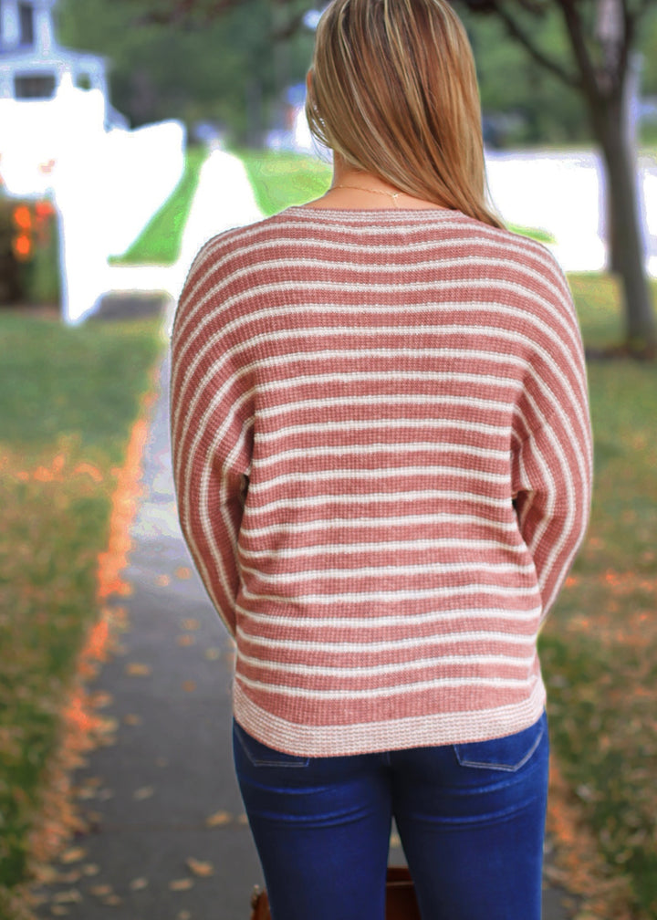 CLEARANCE FINAL SALE Terracotta Striped Waffle Sweater Top