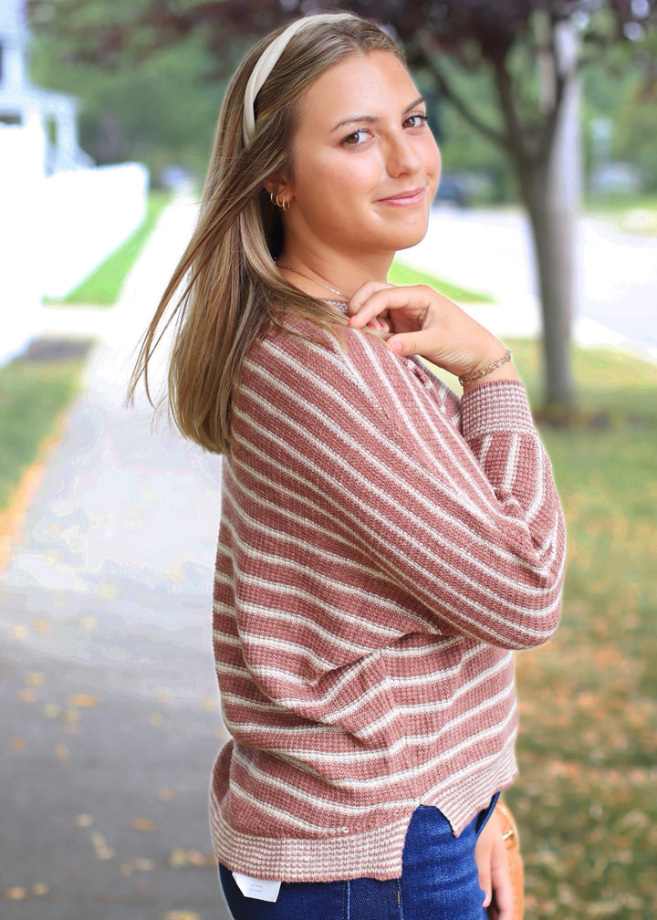 CLEARANCE FINAL SALE Terracotta Striped Waffle Sweater Top