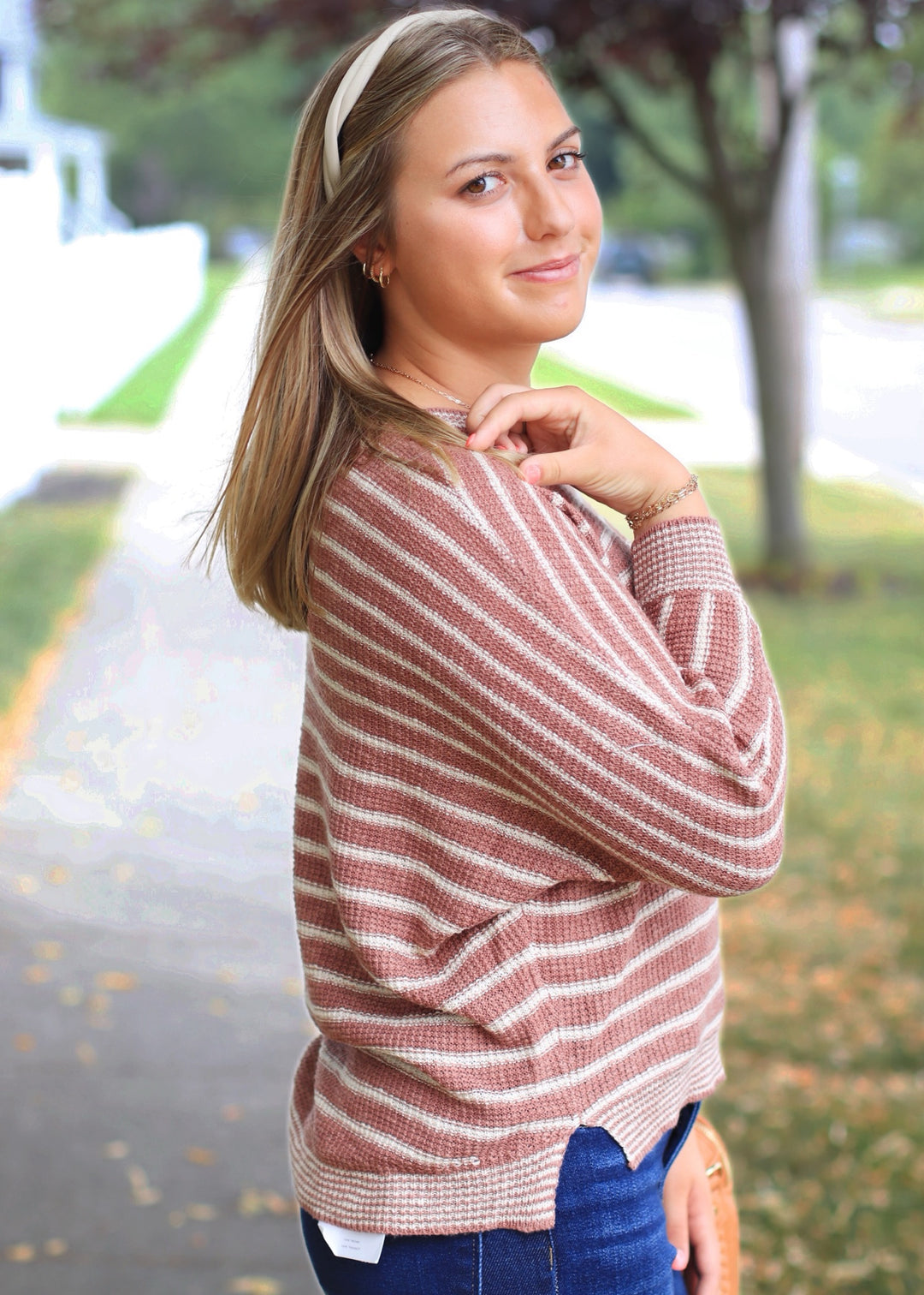 CLEARANCE FINAL SALE Terracotta Striped Waffle Sweater Top