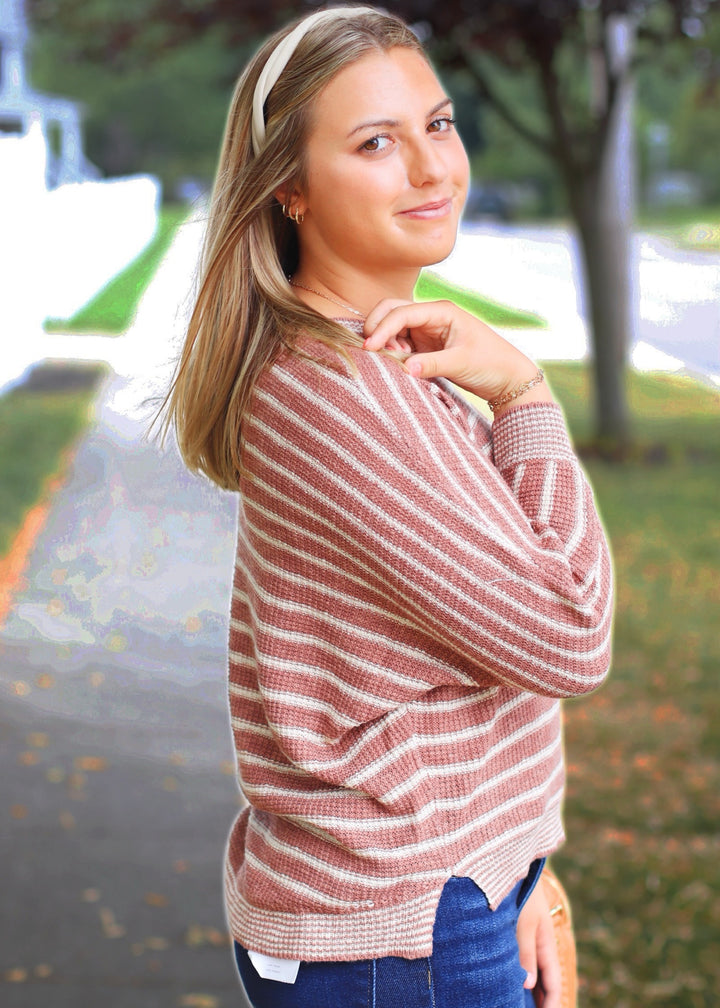 CLEARANCE FINAL SALE Terracotta Striped Waffle Sweater Top