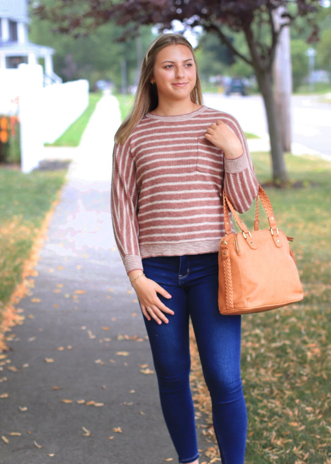 CLEARANCE FINAL SALE Terracotta Striped Waffle Sweater Top