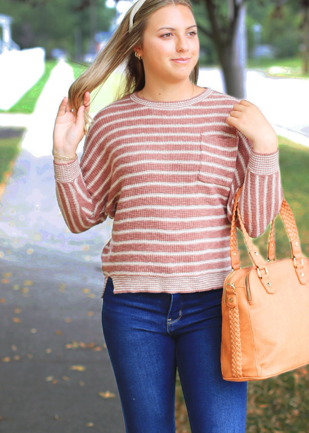 CLEARANCE FINAL SALE Terracotta Striped Waffle Sweater Top