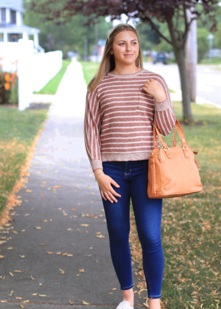 CLEARANCE FINAL SALE Terracotta Striped Waffle Sweater Top