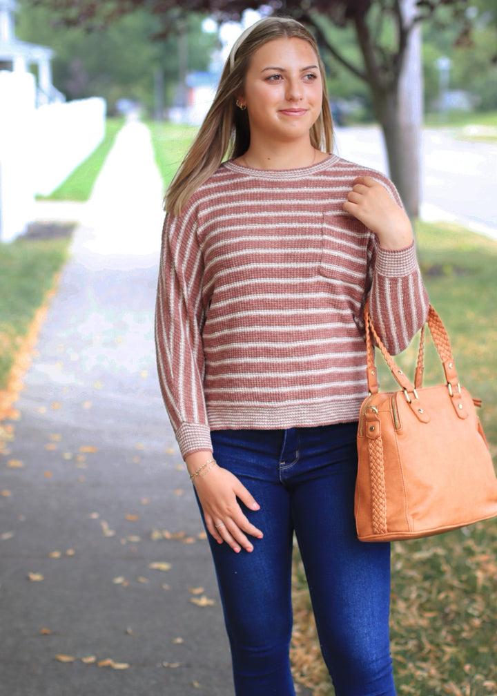 CLEARANCE FINAL SALE Terracotta Striped Waffle Sweater Top