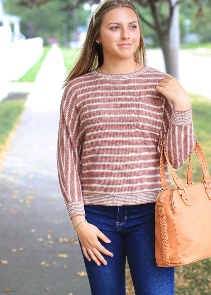 CLEARANCE FINAL SALE Terracotta Striped Waffle Sweater Top