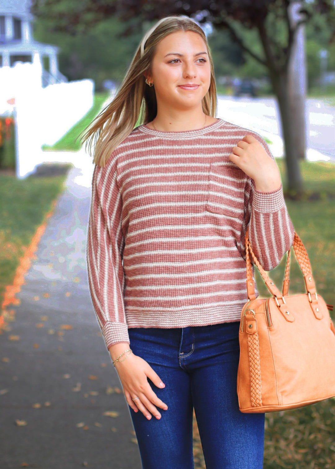 CLEARANCE FINAL SALE Terracotta Striped Waffle Sweater Top