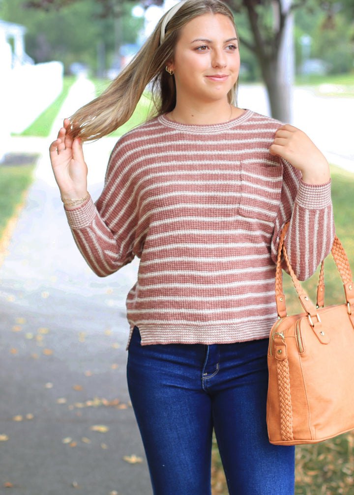 CLEARANCE FINAL SALE Terracotta Striped Waffle Sweater Top