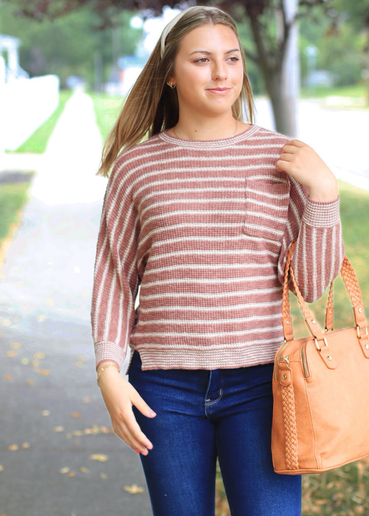 CLEARANCE FINAL SALE Terracotta Striped Waffle Sweater Top