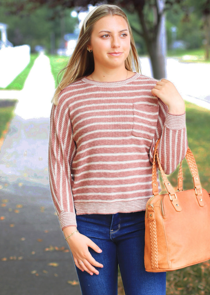 CLEARANCE FINAL SALE Terracotta Striped Waffle Sweater Top