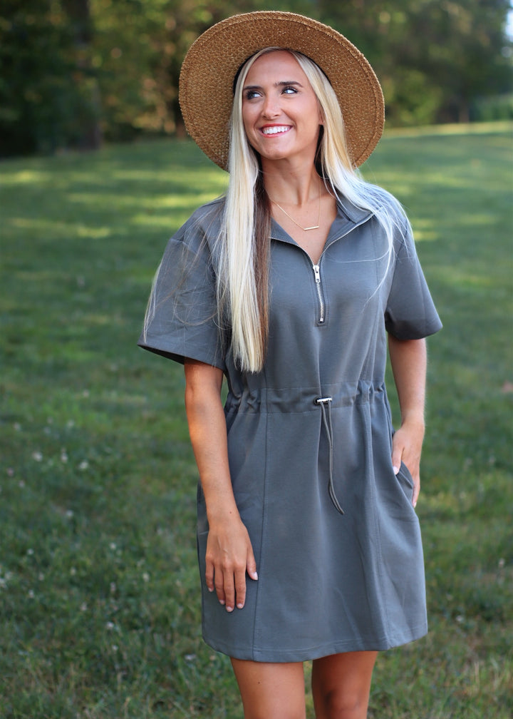 Lunar Half Sleeve Zip Drawstring Dress in Olive