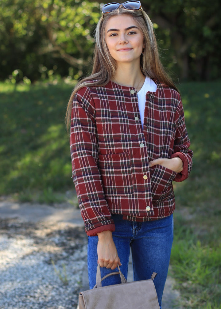 Aki Snap Button Plaid Quilted Jacket