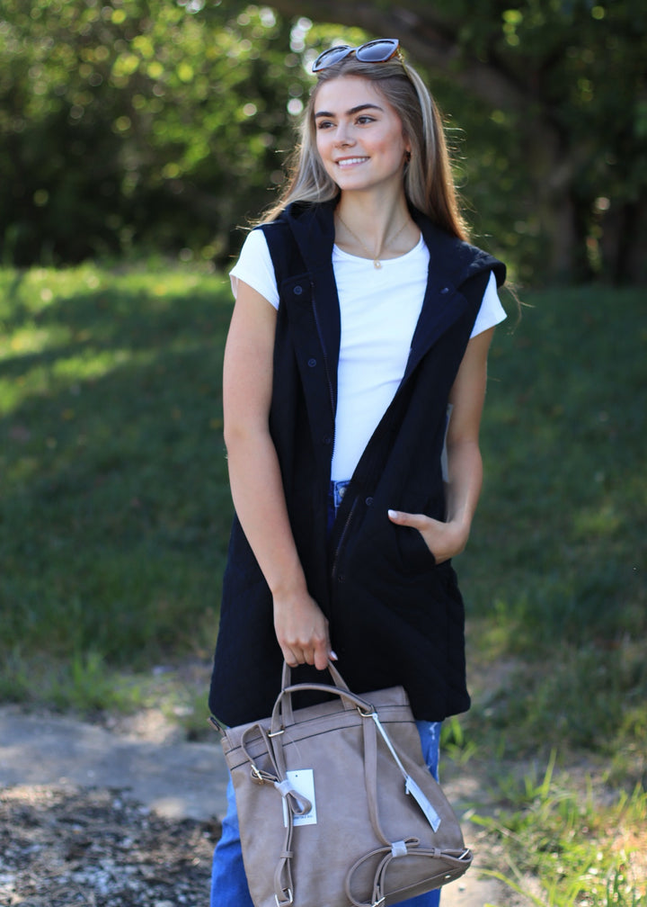 Longline Quilted Cotton Blend Vest in Black