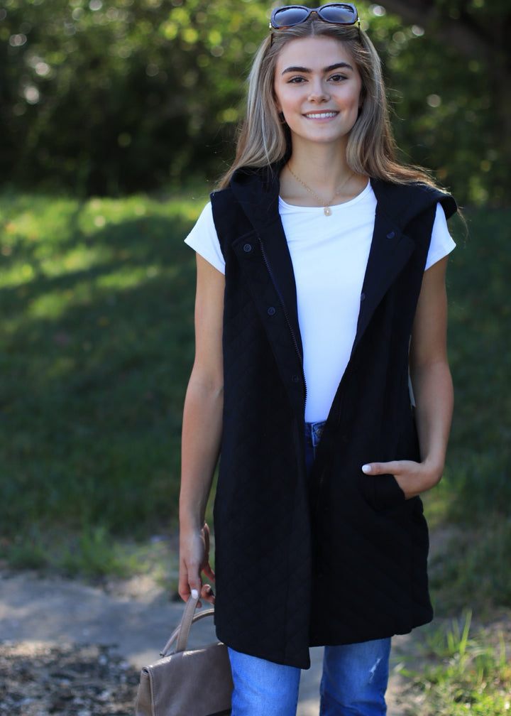 Longline Quilted Cotton Blend Vest in Black