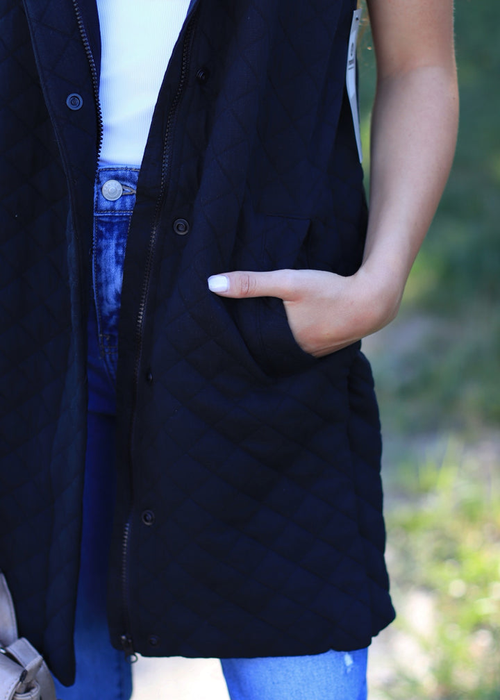 Longline Quilted Cotton Blend Vest in Black