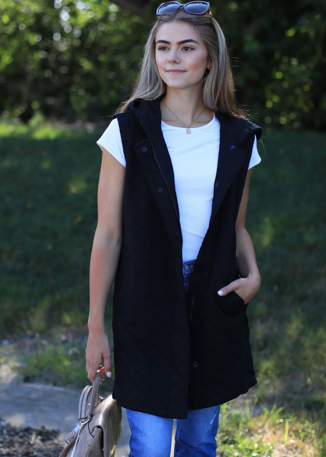 Longline Quilted Cotton Blend Vest in Black