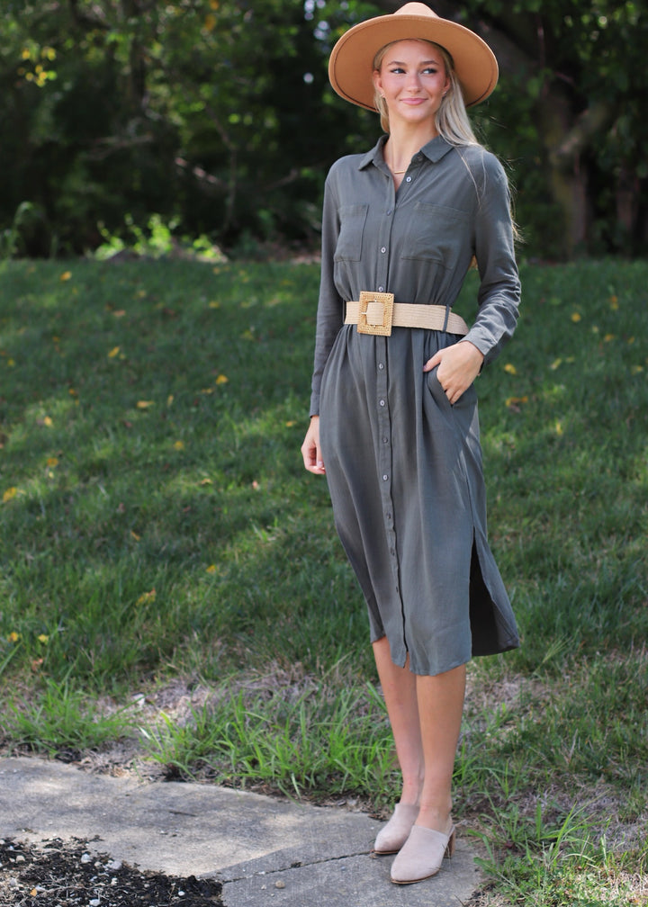 Anna Midi Shirt Dress w/ Belt in Olive