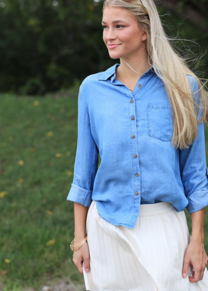 Rora Chambray Tab Sleeve Top