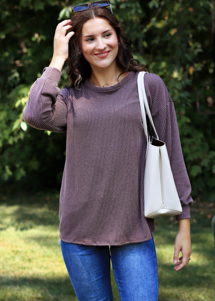 CLEARANCE FINAL SALE Finn Puff Sleeve Ribbed Top in Brown