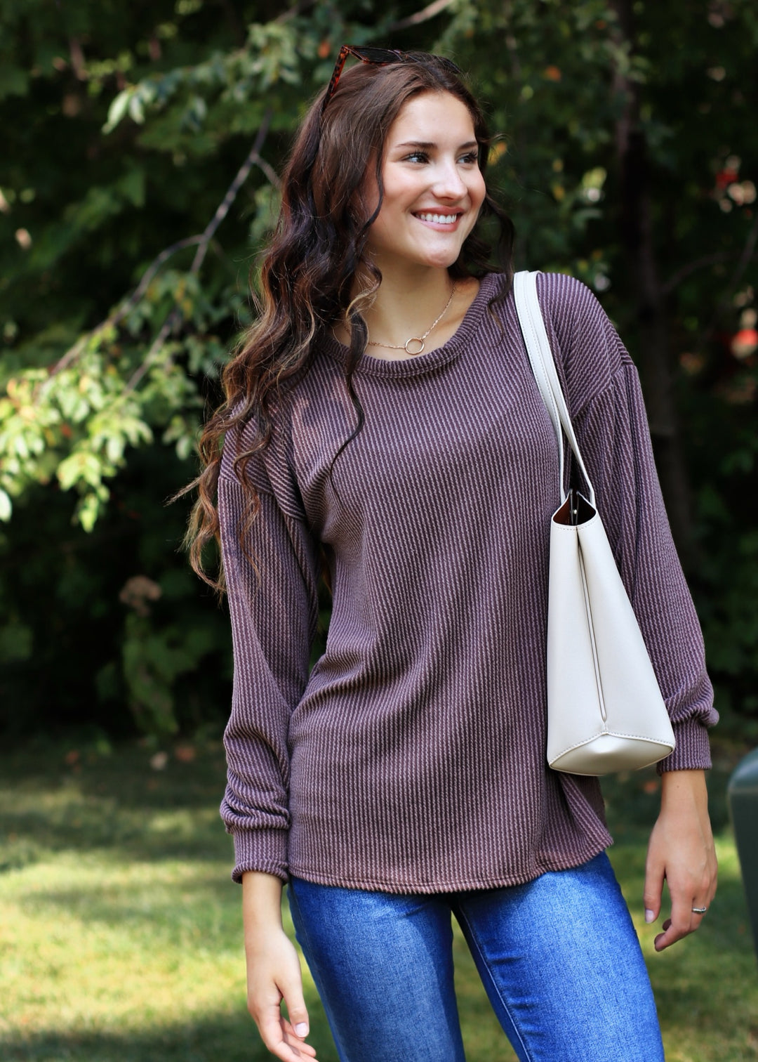 CLEARANCE FINAL SALE Finn Puff Sleeve Ribbed Top in Brown