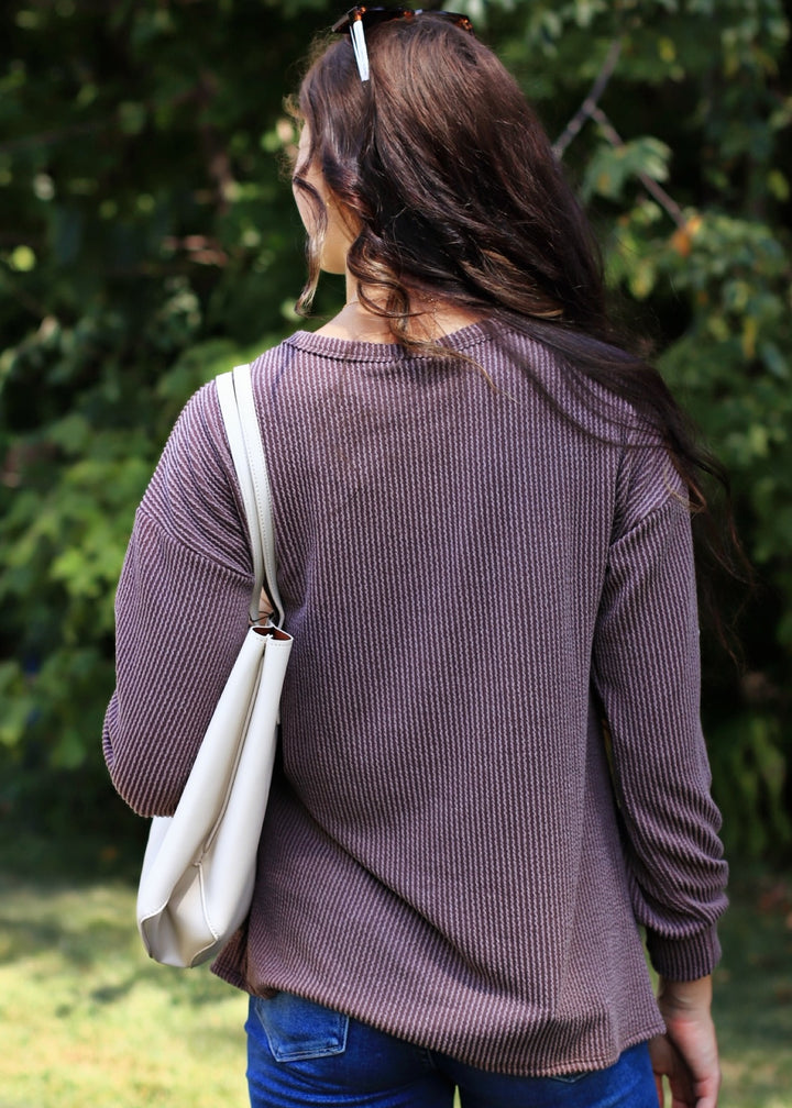 Finn Puff Sleeve Ribbed Top in Brown