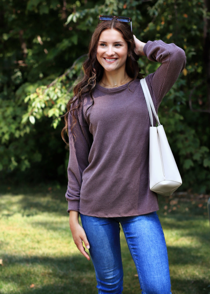 Finn Puff Sleeve Ribbed Top in Brown