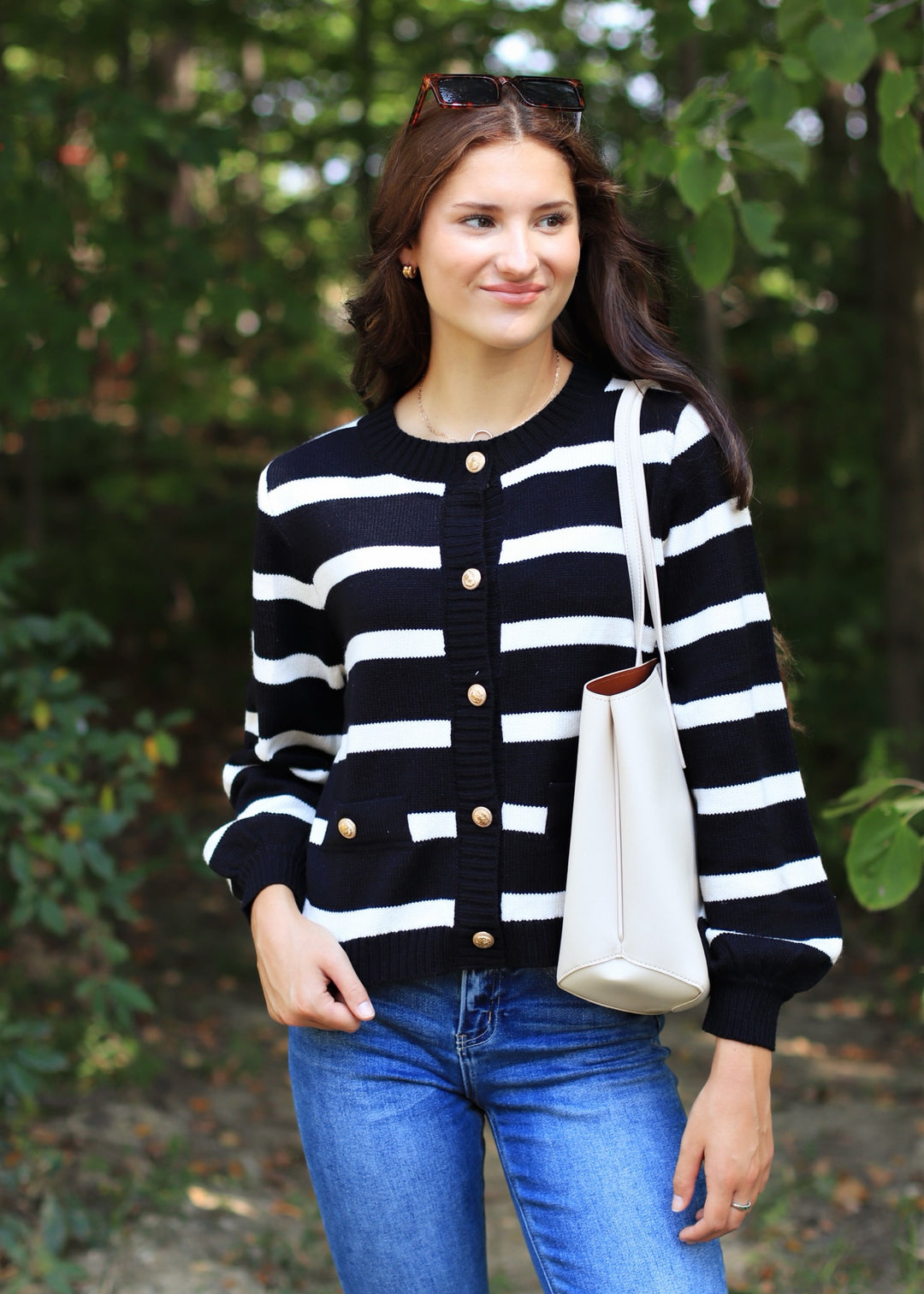 Crew Gold Button Striped Cardigan