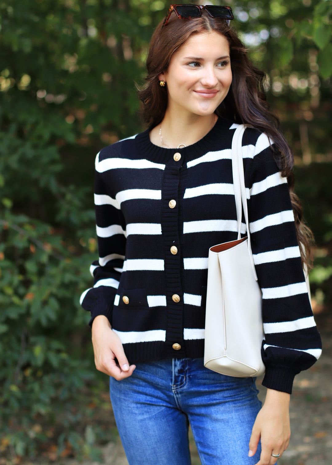 Crew Gold Button Striped Cardigan