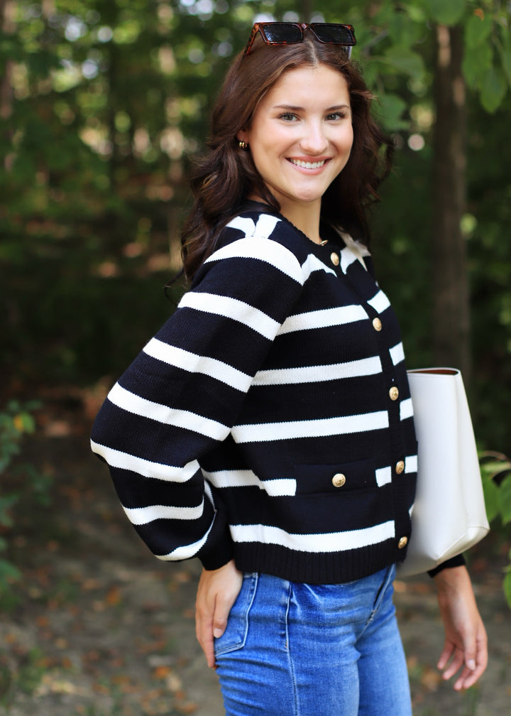 Crew Gold Button Striped Cardigan