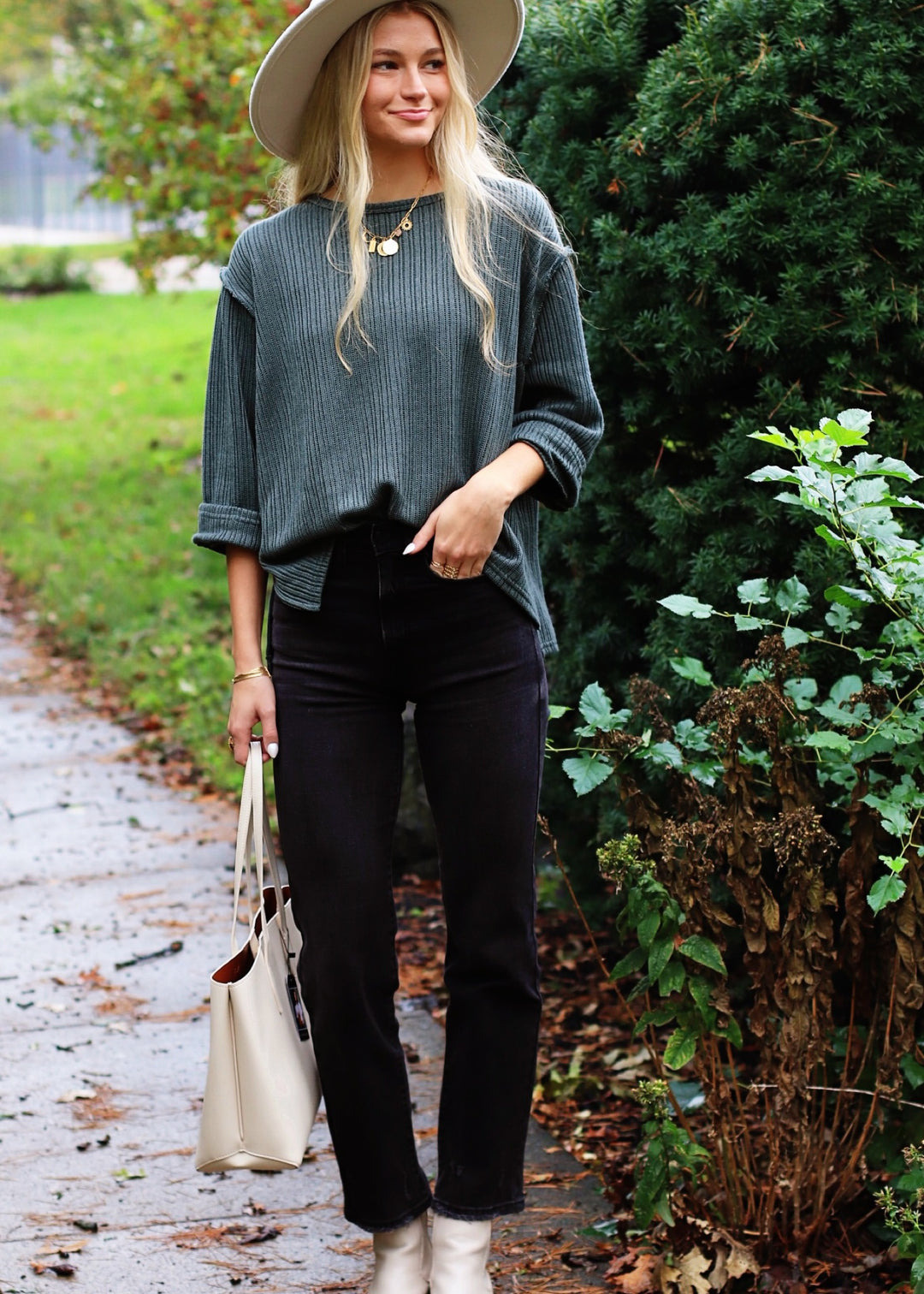 Slate Folded sleeve Knit Top