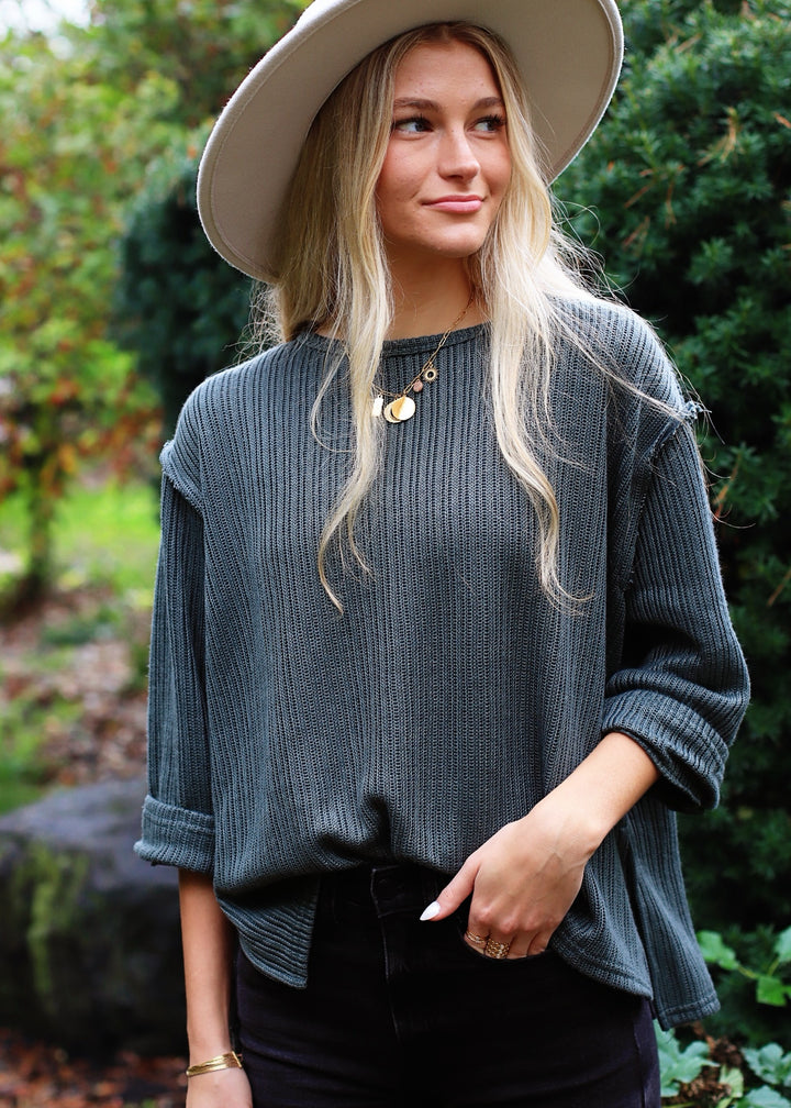 Slate Folded sleeve Knit Top