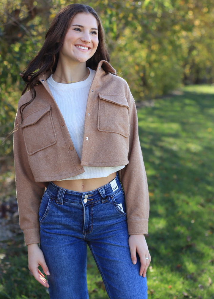 CLEARANCE FINAL SALE Camel Cropped Snap Button Shacket