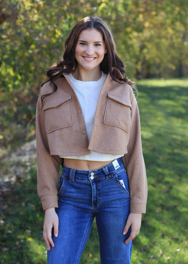 CLEARANCE FINAL SALE Camel Cropped Snap Button Shacket