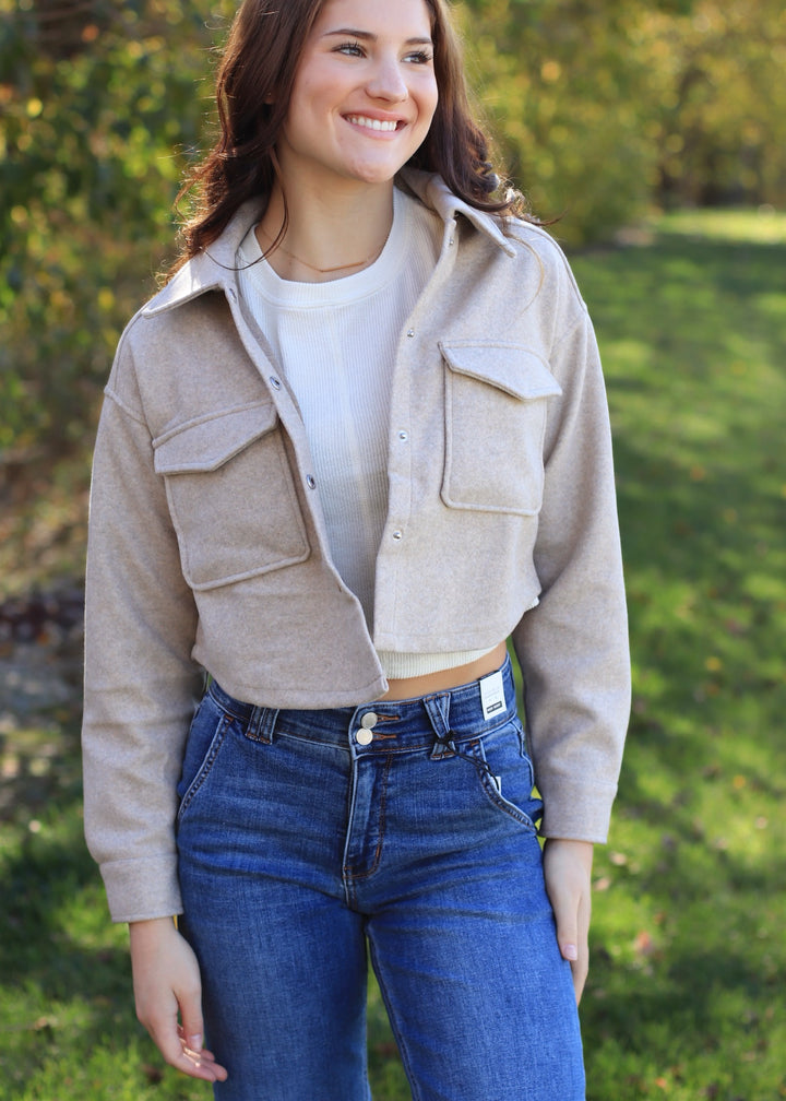 CLEARANCE FINAL SALE Oatmeal Cropped Snap Button Shacket