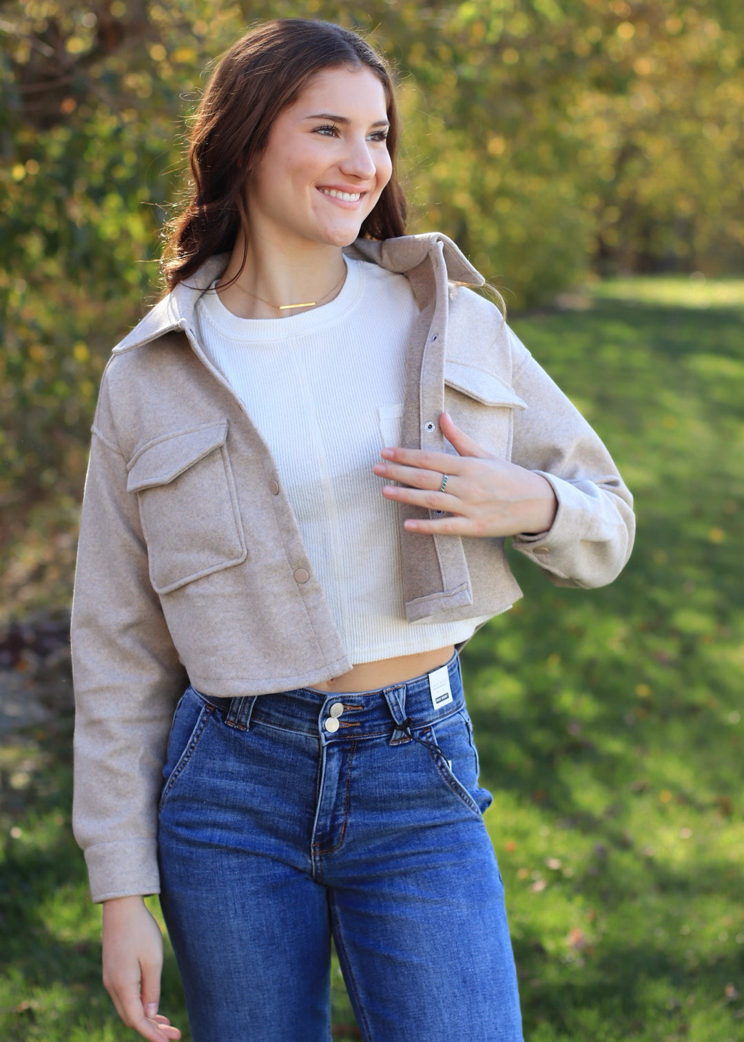 CLEARANCE FINAL SALE Oatmeal Cropped Snap Button Shacket