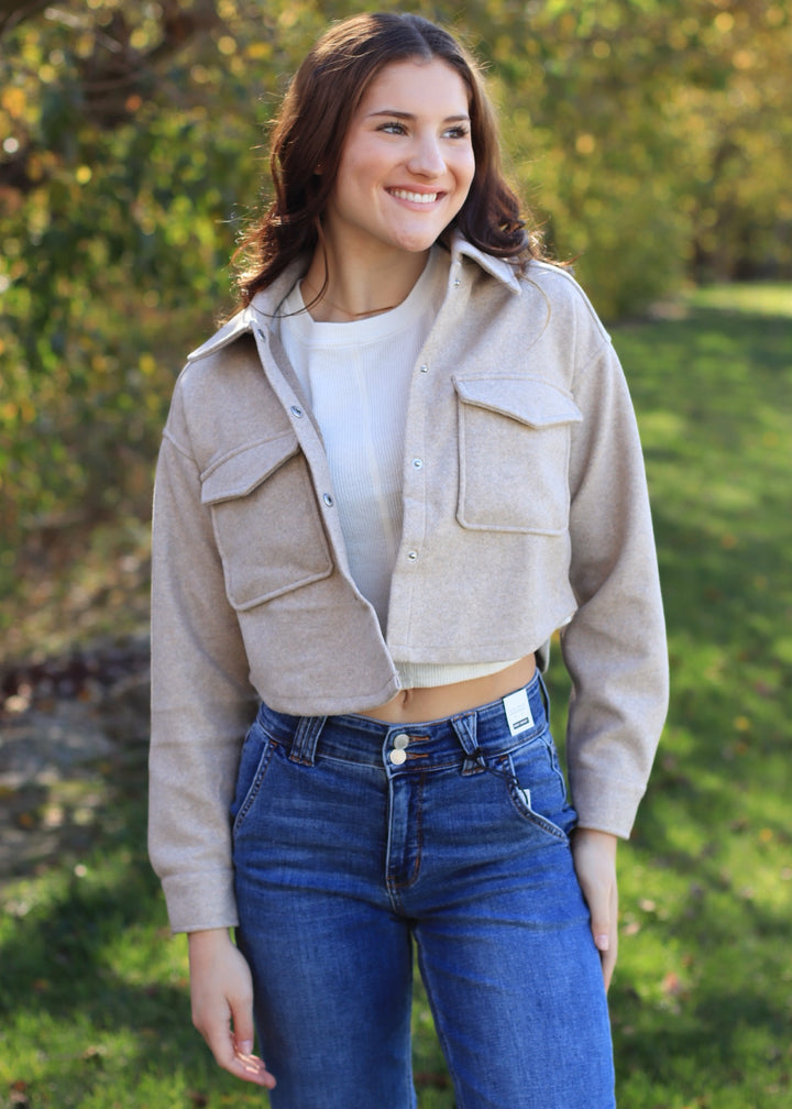 CLEARANCE FINAL SALE Oatmeal Cropped Snap Button Shacket