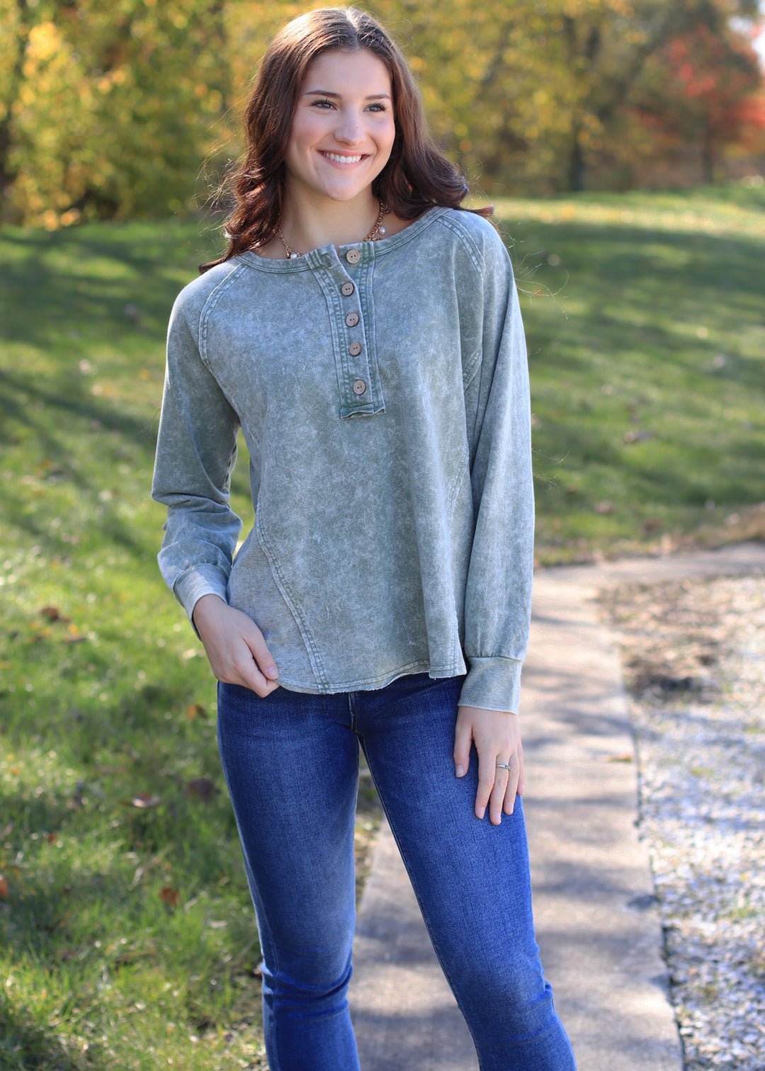 Della Washed Henley Long Sleeve Top in Olive