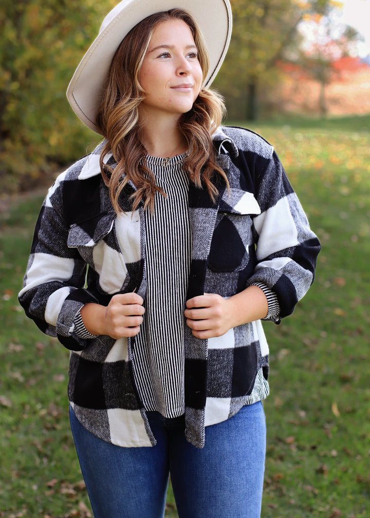 DOORBUSTER Plaid Shacket in Black + White