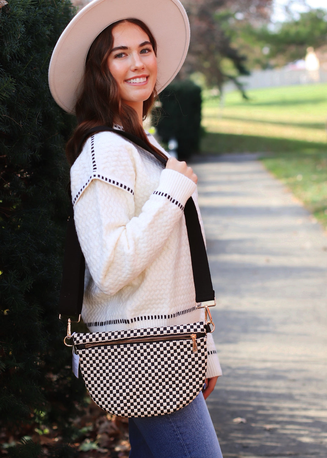 Westlyn Woven Bum Bag in Checkered Black