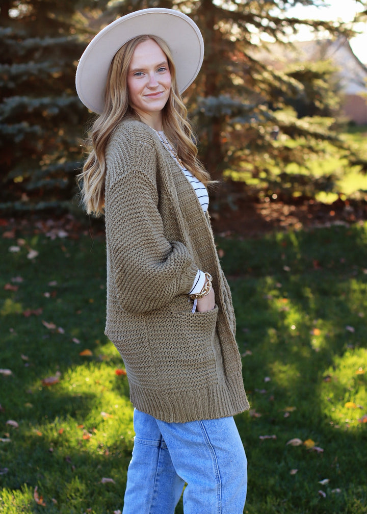 Lantern Chunky Cable Cardigan in Olive