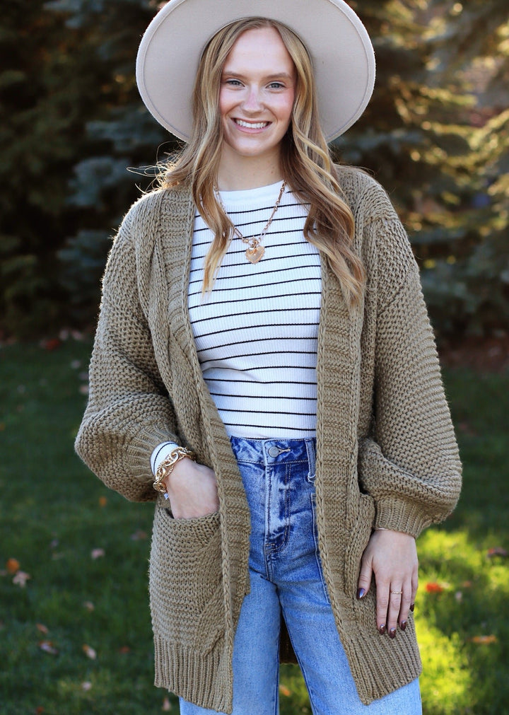 Lantern Chunky Cable Cardigan in Olive