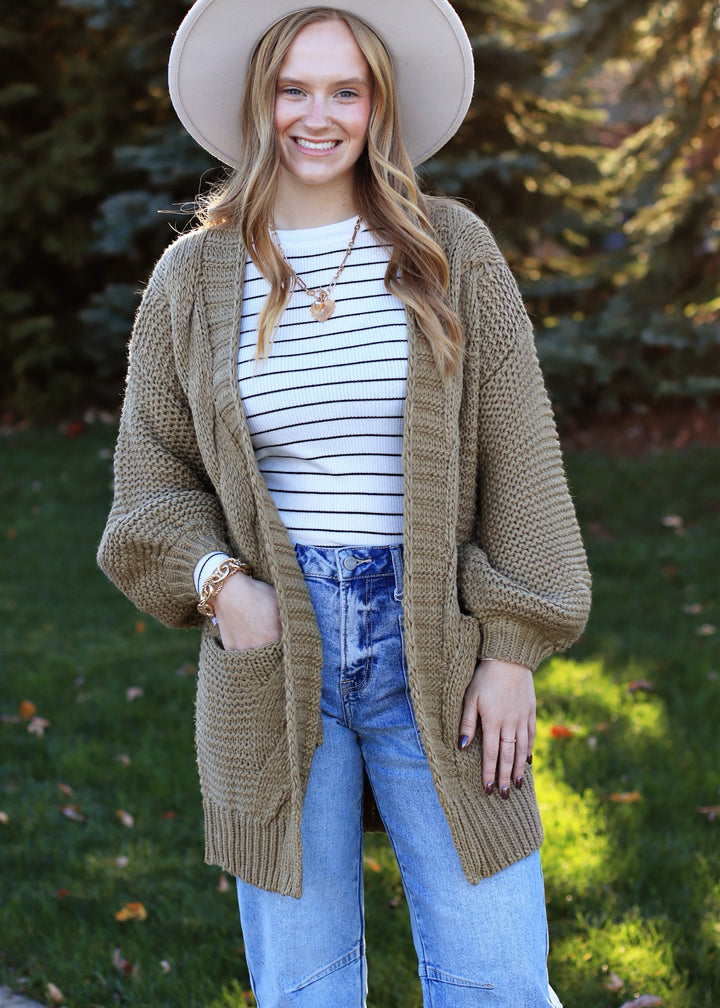 Lantern Chunky Cable Cardigan in Olive