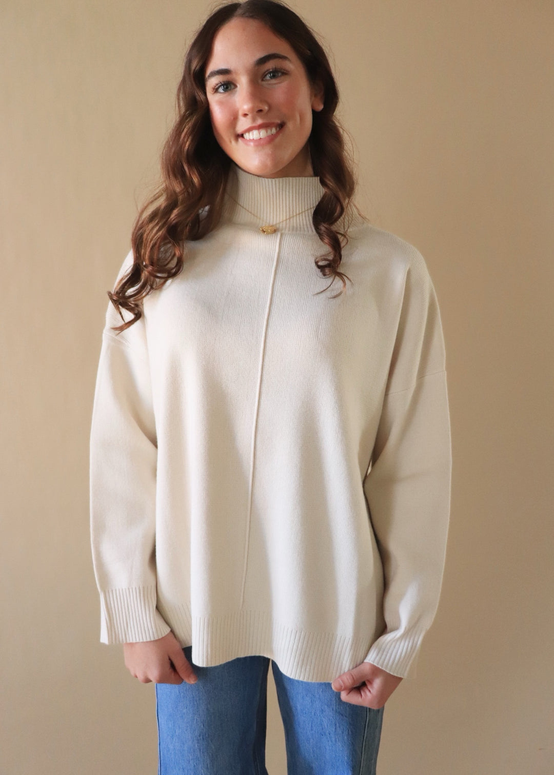 CLEARANCE FINAL SALE Cream Mock Neck Front Seam Sweater