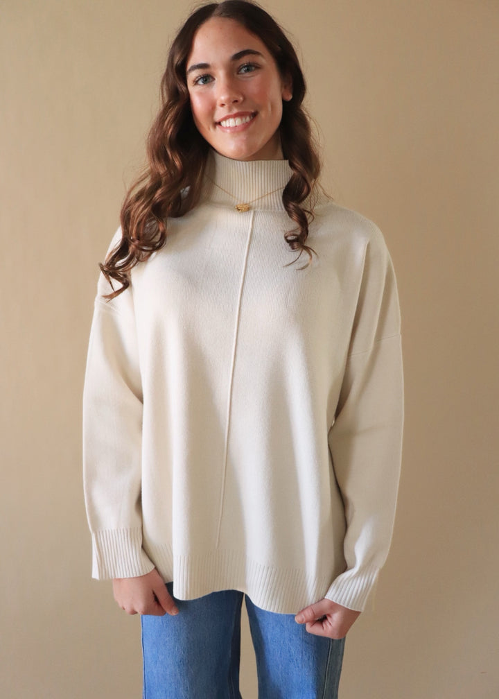 CLEARANCE FINAL SALE Cream Mock Neck Front Seam Sweater