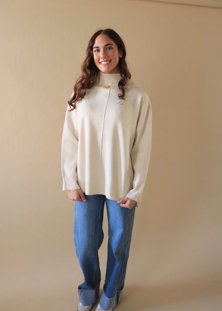 CLEARANCE FINAL SALE Cream Mock Neck Front Seam Sweater